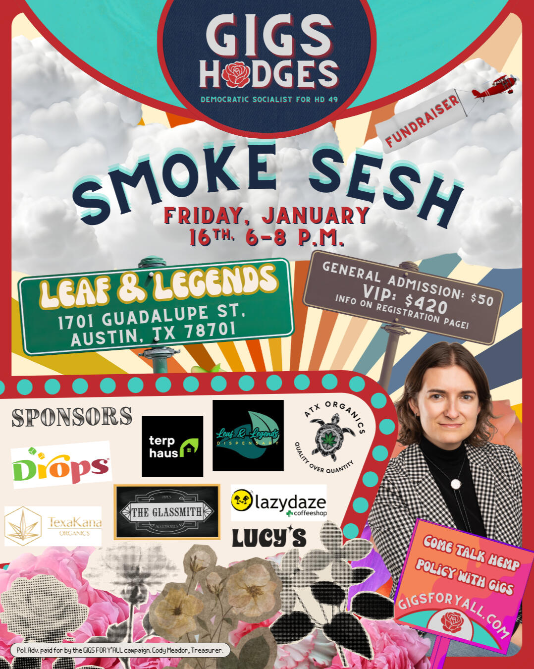 Poster for the event featuring Gigs Hodges with a collage of flowers and signs with details of the event (as below0